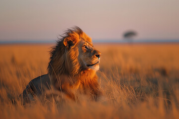 male lion sitting at savanna safari grassland - 761091129