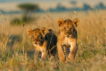 two lion cubs walking together - 761091137