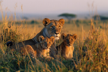 lion cubs sitting with mother - 761091199