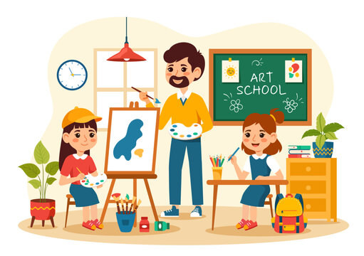 Art School Vector Illustration with Kids of Painting with Live Model or Object using Tools and Equipment in Flat Cartoon Background Design