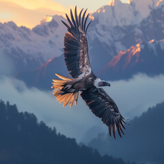 Himalayan griffon vulture flying with snow mountain background - obrazy, fototapety, plakaty