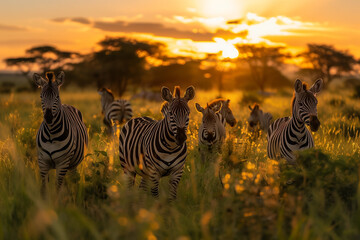 Fototapeta na wymiar Herd of zebra in the evening