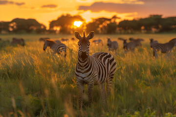 Herd of zebra in the evening - 761091334