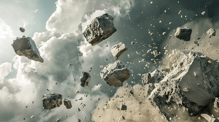 Small pieces of broken stone burst into the air main image leaning to the right - obrazy, fototapety, plakaty
