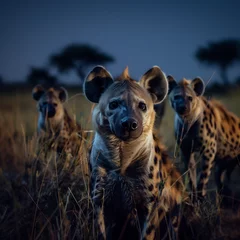 Poster hyena walking in the bush at night © anankkml