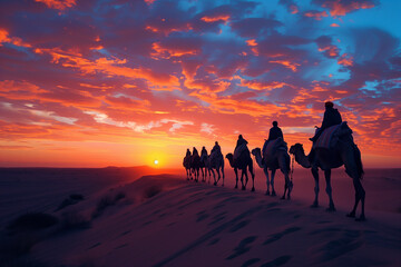 Fototapeta na wymiar camel caravans traveling in the desert in sunset