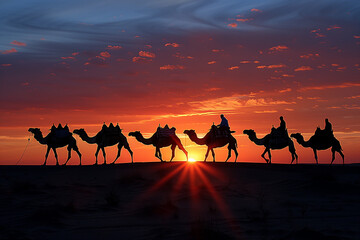 camel caravans traveling in the desert in sunset - 761091561