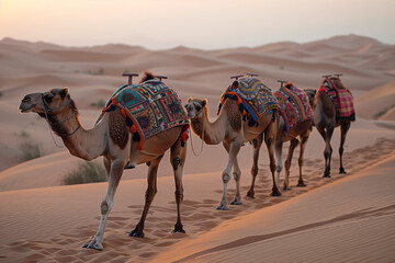 camel caravans traveling in the desert - 761091575