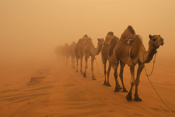 Camel caravan through the sahara desert in a sand storm - 761091589