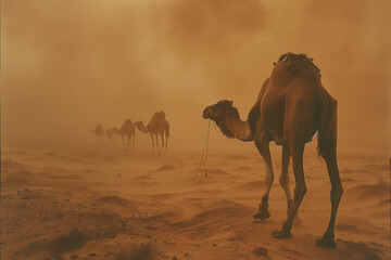 Camel caravan through the sahara desert in a sand storm - 761091598