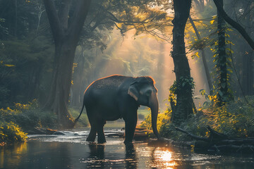 Asian Elephants in a natural river at deep forest - 761091710