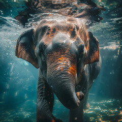 Asian elephant swimming underwater