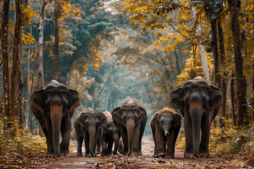 Elephant family walking through the forest - 761091751