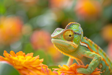 chamelon lizard sitting oncolorful  flower - 761091782