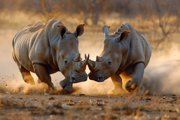 Two rhinoceros fighting in safari
