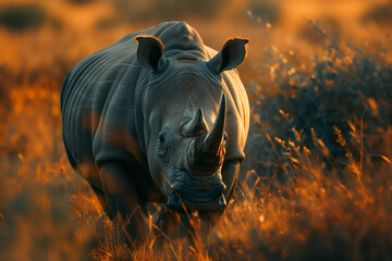 rhinoceros running across the savanna safari - obrazy, fototapety, plakaty