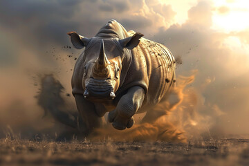 rhinoceros running across the savanna safari - 761091925