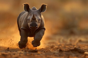 baby rhinoceros running across the savanna safari