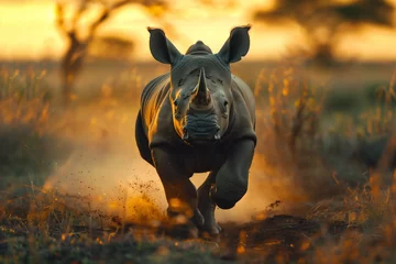 Plexiglas foto achterwand baby rhinoceros running across the savanna safari © anankkml