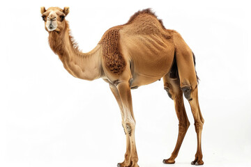 A camel standing against a white background