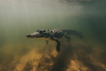 crocodile hiding under water,underwater shot - 761091997