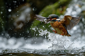 Kingfisher emerging from the water after driving to grab a fish - 761092115