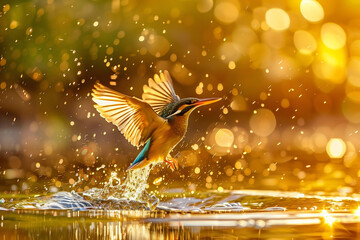 Kingfisher emerging from the water after driving to grab a fish