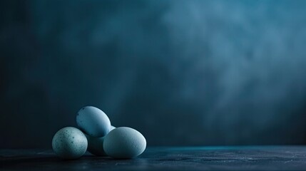 Three speckled eggs in soft focus, set against a moody blue gradient background, conveying calm and simplicity.