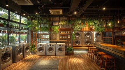 Cozy laundromat caf&eacute; with warm wooden flooring and green plants hanging over washing machines, есо design