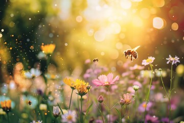 Wander through a peaceful garden blooming with colorful flowers and buzzing bees with a nature background, evoking a sense of serenity and joy, Generative AI - obrazy, fototapety, plakaty