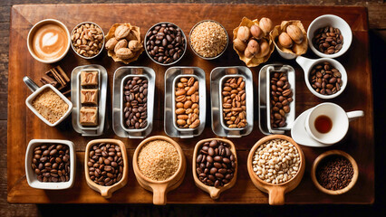 Various styles of Arabica coffee beans On the food preparation table - obrazy, fototapety, plakaty