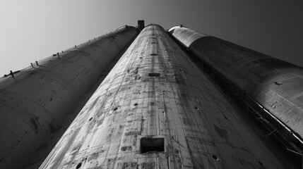 Looking up at the towering grain silo one cant help but feel small and insignificant in comparison yet also in awe of its size and grandeur. - obrazy, fototapety, plakaty