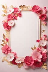 Vintage frame with pink flowers on white background. Flat lay, top view, Space for text