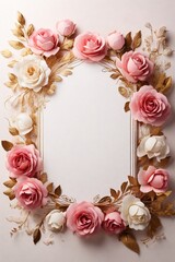 Vintage frame with pink flowers on white background. Flat lay, top view, Space for text