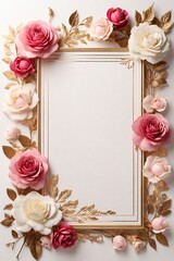 Fototapeta premium Vintage frame with pink flowers on white background. Flat lay, top view, Space for text