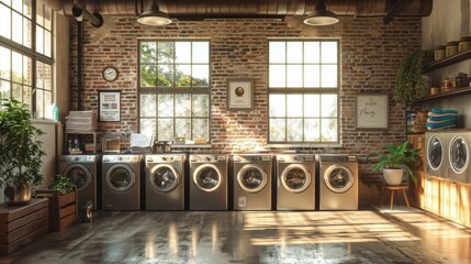 Rustic-chic launderette boasting an array of indoor plants, wooden bar stools, and well-maintained front-load washing machines, modern washers