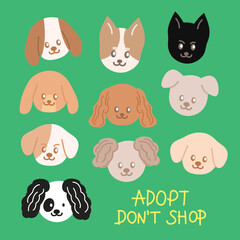 ADOPT DON'T SHOP puppy artworks for social media post, decoration, print, animal icon, logo, pet shop, dog, print, card, banner, background, wallpaper, cartoon character, plush toy, doll, patches, ads