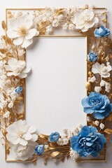 Frame with blue flowers on white background. Flat lay, top view.