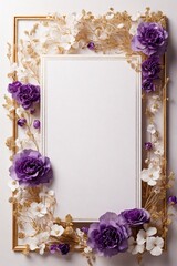 Wedding invitation card mockup with gold frame and purple flowers.