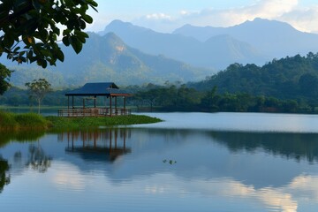 Fototapeta premium Unwind amidst the tranquil setting of a serene lake surrounded by majestic mountains with a nature background, reflecting the calmness of the natural world, Generative AI