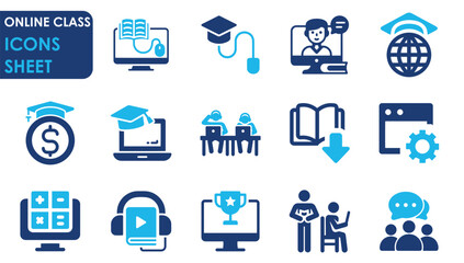Online education icon set. Containing video tuition, e-learning, online course, audio course and so on. Vector flat icons set. - obrazy, fototapety, plakaty