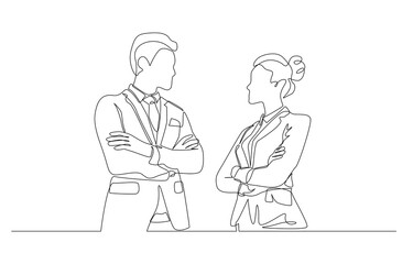 Continuous one line drawing of businessman and businesswoman standing face to face, business competition concept, single line art.