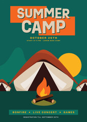 Summer camping poster template design decorative with tent, bonfire, mountain landscape flat design