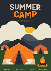 Summer camping poster template design decorative with tent, bonfire, cloud sky among hill  flat design style