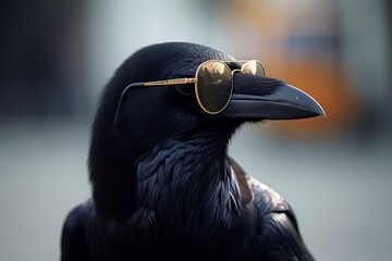 Raven with glasses - obrazy, fototapety, plakaty