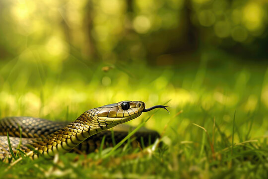 A portrait of a grass snake in a natural setting