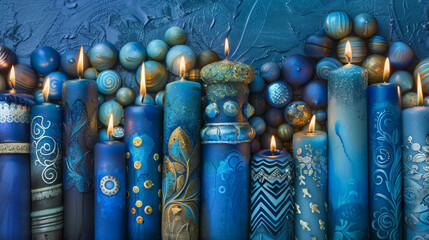 A colorful selection of Hanukkah candles in various shades of blue and adorned with intricate designs perfect for lighting the menorah each night of the holiday.