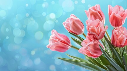 spring flowers banner bunch of pink tulip flowers on blue sky background - obrazy, fototapety, plakaty