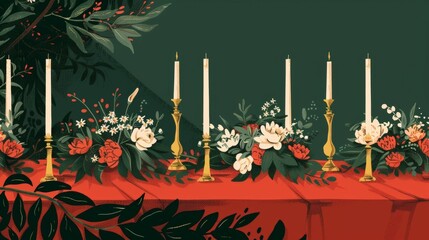 A shot of a long banquet table covered in a rich red tablecloth and lined with elegant gold candelabras and arrangements of seasonal flowers and greenery. - obrazy, fototapety, plakaty