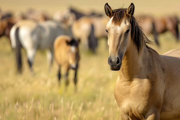 Obraz na płótnie Canvas A portrait of a short-legged Przewalski's horse in a natural setting